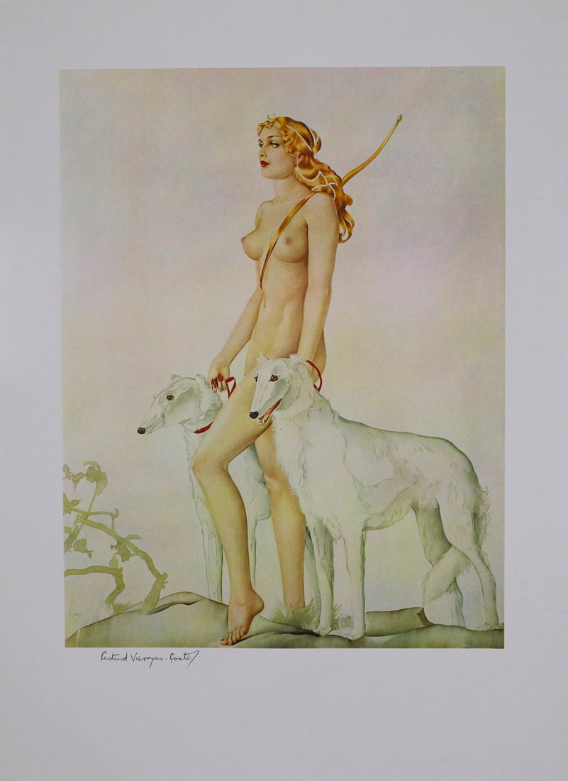 Vargas Diana and the Hounds / Estate Signed Lithograph: Gorgeous estate-signed lithograph featuring a blonde nude huntress in a mythological pose with two white hounds, bow slung over her shoulder. Classic Vargas linework with a subtle gradient background 