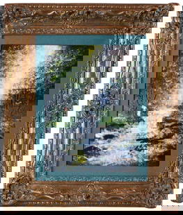 David Karp Ceramic Painting / Waterfall Scene in Ornate Frame: Charming ceramic painting by artist David Karp, depicting a lush forest waterfall with a small figure in a red hat. The artist's signature appears lower right. The artwork is mounted in an elaborately