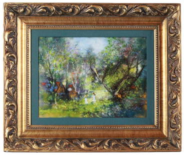 David Karp Oil on Ceramic / Two Girls in Spring: Vibrant and atmospheric, this oil on ceramic painting by David Karp features a dreamlike forest scene with two figures walking through a sunlit grove. The impressionistic brushwork and rich use of col