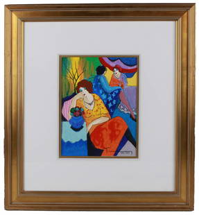 Itzchak Tarkay / Quiet Afternoon / Signed Serigraph: Limited edition serigraph titled Quiet Afternoon by Itzchak Tarkay, hand signed and numbered 262/750. Printed on paper and framed in a gold frame measuring 20 x 23 inches, with the visible artwork mea