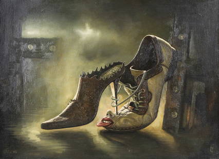 Mher Evoyan / Think Over Coment / Armenian artist: Evocative and surreal, this original 2009 oil painting by Armenian artist Mher Evoyan is titled "Think Over Coment". Measuring 20 x 27.25 inches and painted on canvas, the piece blends surrealism with