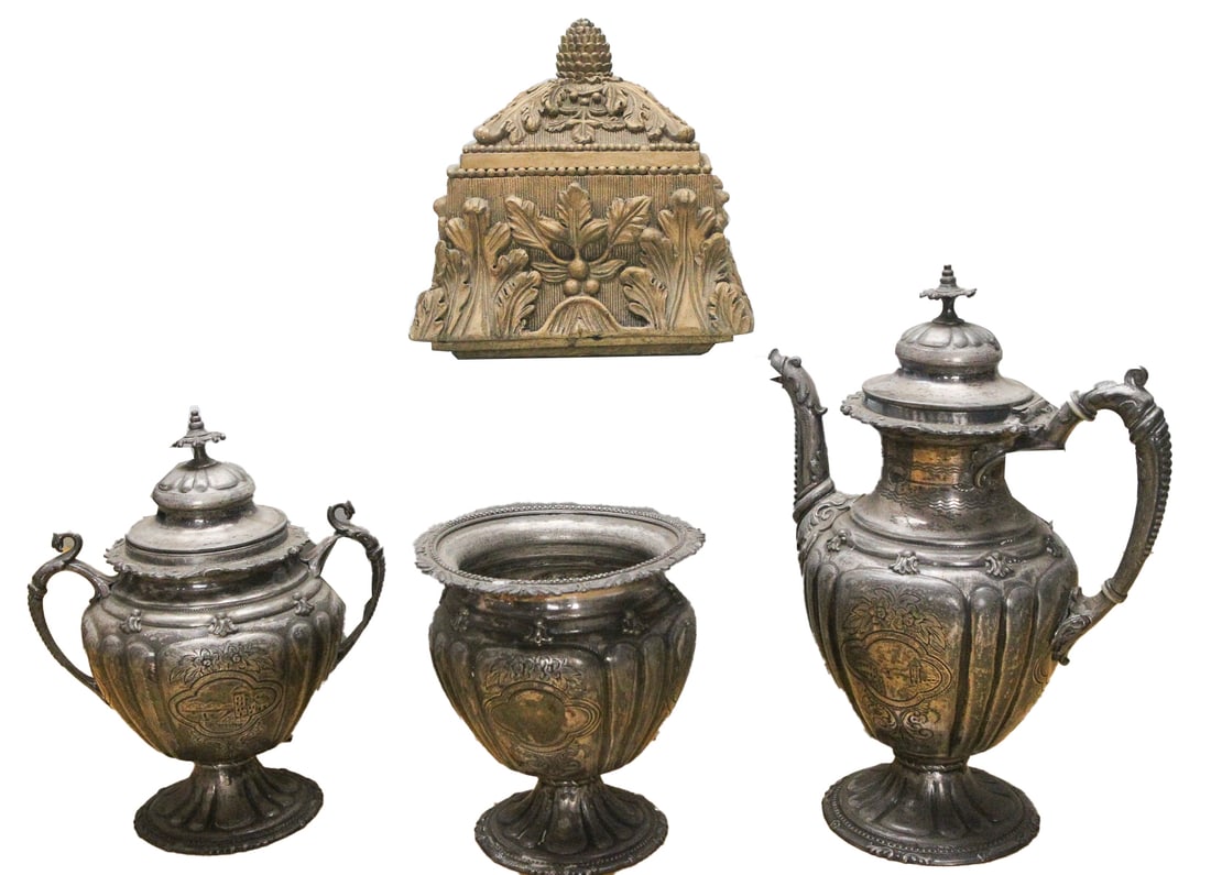 Antique Tin Kitchen Set & Mid-Century Art Nouveau Trinket Box / Lot of 4 (1 of 4)