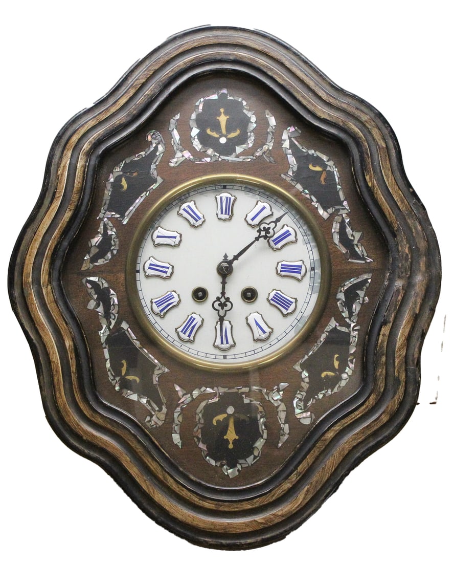 Antique Beef Eye Wall Clock with Pendulum / Wood & Mother-of-Pearl Inlay (1 of 6)