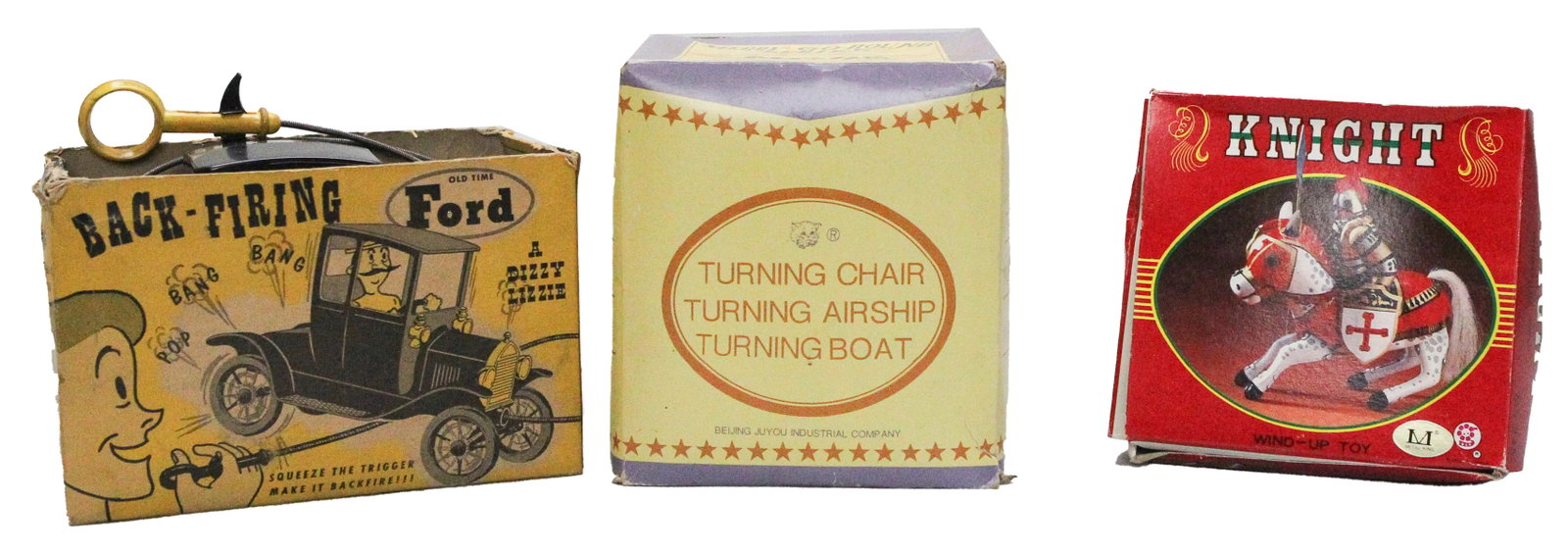 Lot of 3 Vintage Wind-Up and Mechanical Toys: Lot of 3 vintage collectible toys including an old-time "Back-Firing Ford" complete with squeeze-trigger mechanism and original illustrated box, a "Turning Chair / Airship / Boat" toy from the Beijing