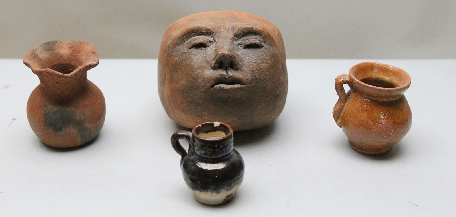 Lot of 3 Small Clay Vases and a Clay Head Art (1 of 4)