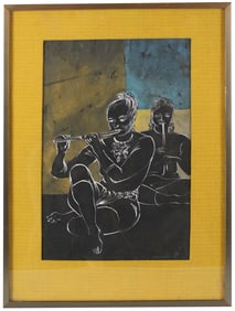 Joe Capozio Ink on Paper Painting Depicting Flute Players