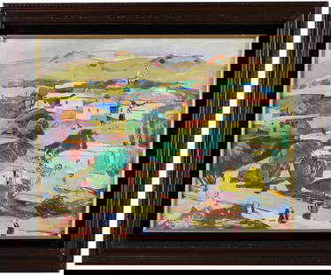 Edward Artsrunyan / Village Landscape / Armenian Artist: Charming oil on canvas cardboard painting by Edward Artsrunyan, dated 1993, capturing a vivid impressionist village landscape with lush greens and colorful architecture. The composition is beautifully