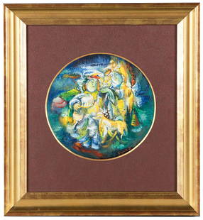 Gayane Khachaturian / Oil on Vinyl Record / Armenian Artist: This captivating artwork by Gayane Khachaturian is painted in oil on an actual vinyl record, measuring 7.75 x 7.75 inches, with an overall framed size of 15.25 x 13.75 inches. Created in the early 199