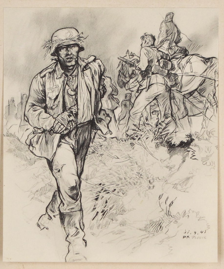 Wilhelm M. Busch / Auf dem Weg zum Hauptverbandplatz: This powerful 1941 lithograph by Wilhelm M. Busch titled Auf dem Weg zum Hauptverbandplatz ("On the Way to the Main Aid Station") captures a haunting moment of wartime endurance, depicting a wounded G