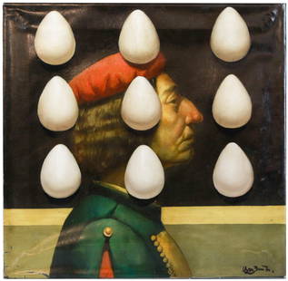 Ashot Yan / Nine Stories / Armenian Artist: Surrealist oil on canvas painting by Ashot Yan titled Nine Stories, created in 2023. Measuring 15.5 x 16 inches (40 x 40 cm), the composition features a stylized Renaissance-style profile portrait ove