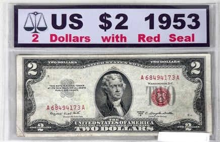1953 US $2 Dollar Bill with Red Seal
