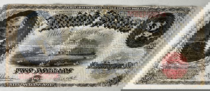1917 US Two Dollar Bill with Red Seal: Rare 1917 Series $2 United States Legal Tender Note featuring a portrait of Thomas Jefferson on the front and a detailed engraving of the U.S. Capitol building. The reverse showcases an intricate orna