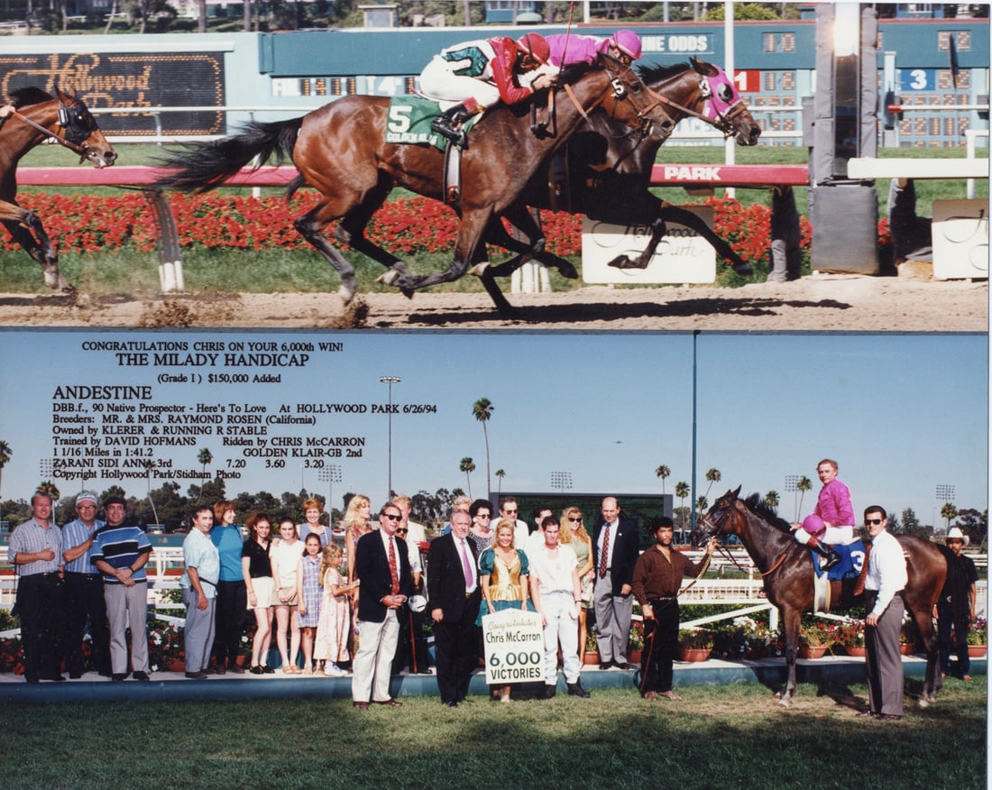 8x10 Photo / Chris McCarron 6,000th Win / The Milady Handicap 1994: Original 8x10 color photo commemorating jockey Chris McCarron's 6,000th career victory aboard Andestine in the Grade 1 Milady Handicap at Hollywood Park, June 26, 1994. The image includes a dramatic f