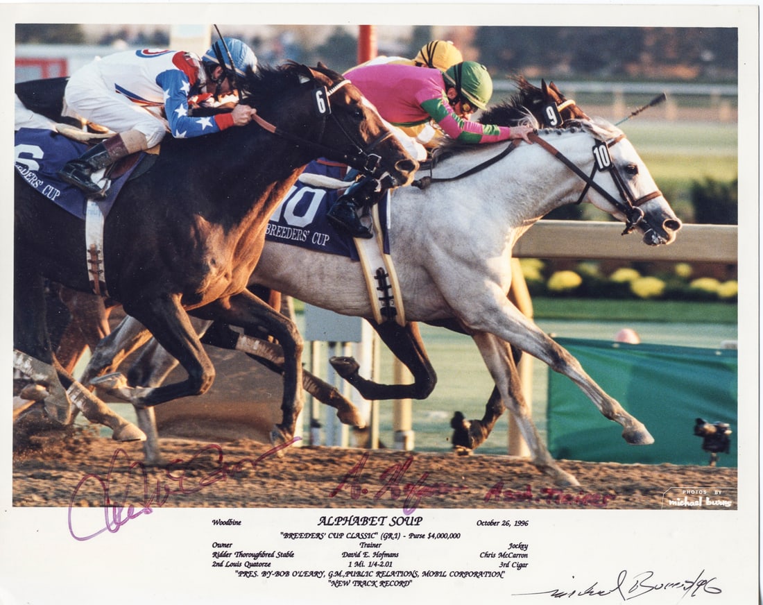 Alphabet Soup / Breeders' Cup Classic Victory 8x10 Photo, Signed: Original 8x10 color photo capturing Alphabet Soup’s dramatic win in the 1996 Breeders' Cup Classic at Woodbine, defeating Louis Quatorze and Cigar in a historic finish. Signed by jockey Chris McCarr