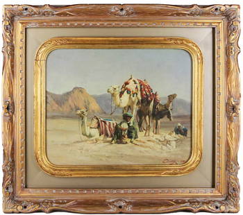 Ludwig Deutsch / Bedouins 1922: This is an original 1922 Orientalist oil painting on cardboard titled Bedouins by Ludwig Deutsch (1855–1935), depicting Bedouin travelers resting in a desert with camels and donkeys draped in richly