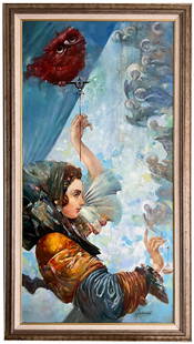 Path to Heaven / Tigran Hovumyan / Armenian Artist: Path to Heaven is a captivating 2020 oil on canvas by Armenian painter Tigran Hovumyan, measuring 48 x 24 inches. The vertical composition presents a richly dressed female figure reaching upward, guid