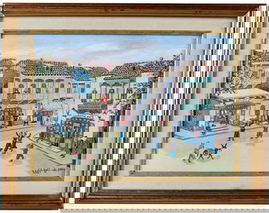 Vagharshag Elibekian / Street Scene / Armenian artist: Charming tempera on canvas cardboard painting by celebrated Armenian artist Vagharshag Elibekian, dated 1982. Measuring 9.5 x 13.25 inches (24 x 34 cm) and housed in a 13.5 x 17.25 inch (34 x 44 cm) f