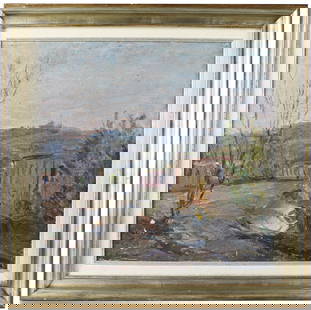 Khachatur Yesayan / Hot Summer Day / Armenian artist: Oil on canvas by Khachatur Yesayan, measuring 19 x 19.5 inches, in a later frame sized 25 x 25.25 inches. This softly rendered landscape captures the quiet stillness of a hot summer day, with barren t