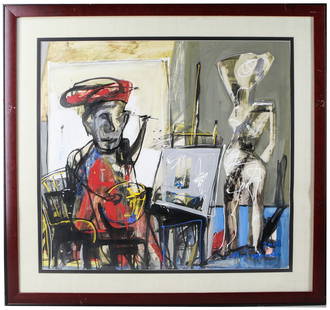 Ashot Martikyan / Artist and Muse / Armenian artist: Bold and expressive oil on canvas by contemporary Armenian artist Ashot Martikyan, depicting a painter mid-session before a standing female muse. Rendered in a vibrant palette of reds, blues, yellows,