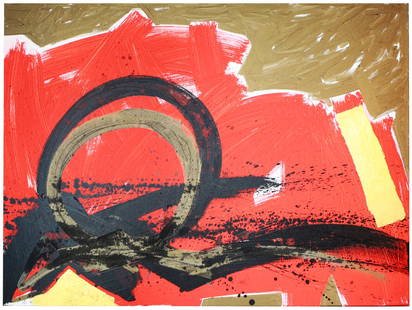Narine Isajanyan / Attack of Peace / Armenian artist: Bold and emotionally charged mixed media painting by Narine Isajanyan titled Attack of Peace, completed in 2024. This abstract composition explodes with dynamic red and black strokes layered with swee