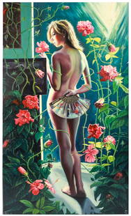 Mher Evoyan / Argina / Armenian artist: Striking and ethereal oil on canvas by Mher Evoyan, titled Argina, painted in 2015. The composition features a luminous nude female figure enveloped in a surreal garden of blooming hibiscus flowers an