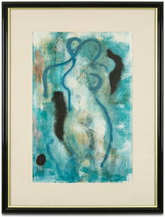 Ara Shiraz / Untitled / Armenian artist: Dreamlike abstract composition by renowned Armenian artist Ara Shiraz, executed in 1994 using mixed media on paper. This expressive work blends soft turquoise, charcoal, and neutral tones with organic