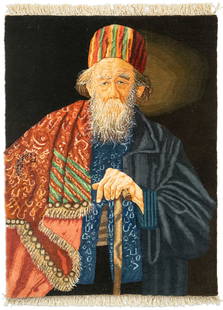 Persian Hand-Woven Portrait Rug / Carpet Salesman: Finely hand-woven Persian portrait rug depicting an elderly carpet salesman in traditional attire, wearing a multicolored striped hat and richly patterned cloak. This highly detailed textile art is cr
