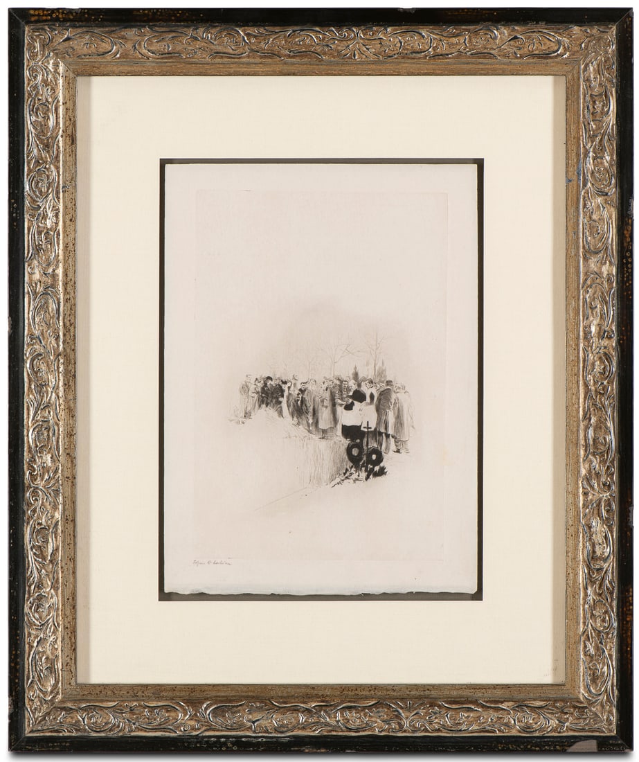 Edgar Chahine / Etching / Armenian - French artist: Etching by renowned Armenian-French artist Edgar Chahine, executed on fine Japan paper. This delicate and emotive scene features a group of mourners gathered in a wintry landscape, rendered with Chahi