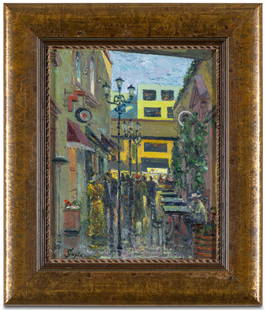 Gagik / Urban Passage / Armenian artist: A lively and impressionistic street scene by Armenian artist Gagik, executed in oil on board. Measuring 9.5 x 7.5 inches (frame: 13.75 x 11.75 inches), the composition captures a bustling alley filled