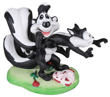 Warner Bros Collector Series / Pepe Le Pew & Penelope: Hand-crafted and hand-painted porcelain figurine from the Warner Bros Collector Series titled "She Loves Me...", depicting Pepe Le Pew embracing Penelope. Designed by Kent Melton and released in