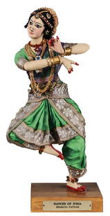 Bharata Natyam Classical Dance Doll – Shankar’s International Dolls Museum, New Delhi,: This exquisite Bharata Natyam classical dance doll represents one of India’s most revered traditional dance forms. Crafted with intricate detail, the doll is adorned in a vibrant green silk costume