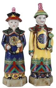 Pair of Chinese Emperor WuCai Sculptures – Qian Style Figures, Hand-Painted Ceramic