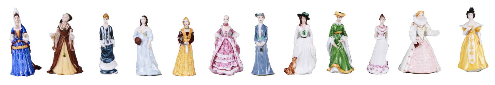 Set of 12 Franklin Mint Miniature Porcelain Fashion Ladies: This exquisite set includes 12 miniature porcelain figurines from the Franklin Mint, crafted in 1983 and representing elegantly dressed women from various historical periods. Each figure stands approx