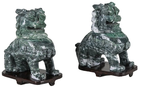 Pair of Chinese Green Jade Foo Dog Sculptures on Wood Stands