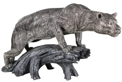 Brunel Preziosi d'Autore Silver-Plated Bronze Sculpture – Jaguar on Trunk, Made in Italy