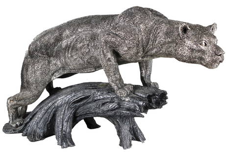 Brunel Preziosi d'Autore Silver-Plated Bronze Sculpture – Jaguar on Trunk, Made in Italy: This commanding silver-plated bronze sculpture by Brunel Preziosi d'Autore depicts a poised jaguar in mid-prowl atop a sculpted tree trunk base. Crafted in Italy with exquisite attention to texture an