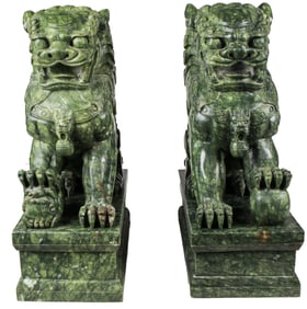Large Pair of Carved Green Jade Chinese Foo Dogs on Matching Jade Bases