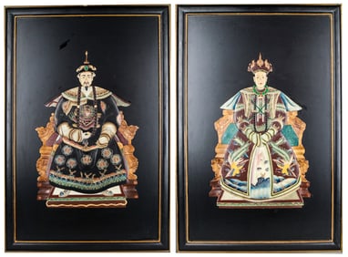 Large Pair of Qing Dynasty Emperor & Empress Shou Shan Stone Relief Panels on Black Lacquered Wood