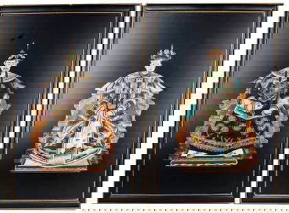 Large Pair of Qing Dynasty Emperor & Empress Shou Shan Stone Relief Panels on Black Lacquered Wood: This impressive pair of Shou Shan stone inlay panels features detailed relief portraits of a Qing Dynasty emperor and empress, rendered in rich multicolored stone against deep black lacquered wood bac