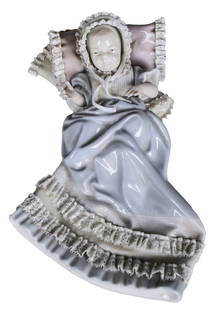 Lladro Porcelain Figurine “Baby in Christening Gown” #8195, Spain: This elegant Lladro porcelain figurine, titled “Baby in Christening Gown&rdquo; (model #8195), depicts a sleeping infant dressed in an intricately detailed traditional christening gown with a bonnet