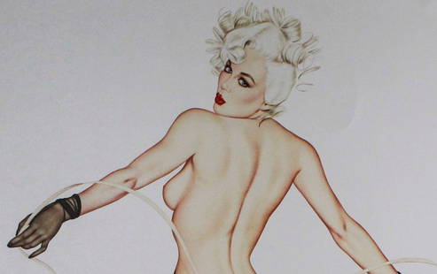 Olivia De Berardinis 1991 Limited Edition Lithograph – Signed & Numbered Pin-Up Artwork: This elegant 1991 limited edition lithograph by Olivia De Berardinis showcases the artist’s iconic pin-up style, featuring a statuesque blonde with platinum hair and bold red lips, striking a flirta