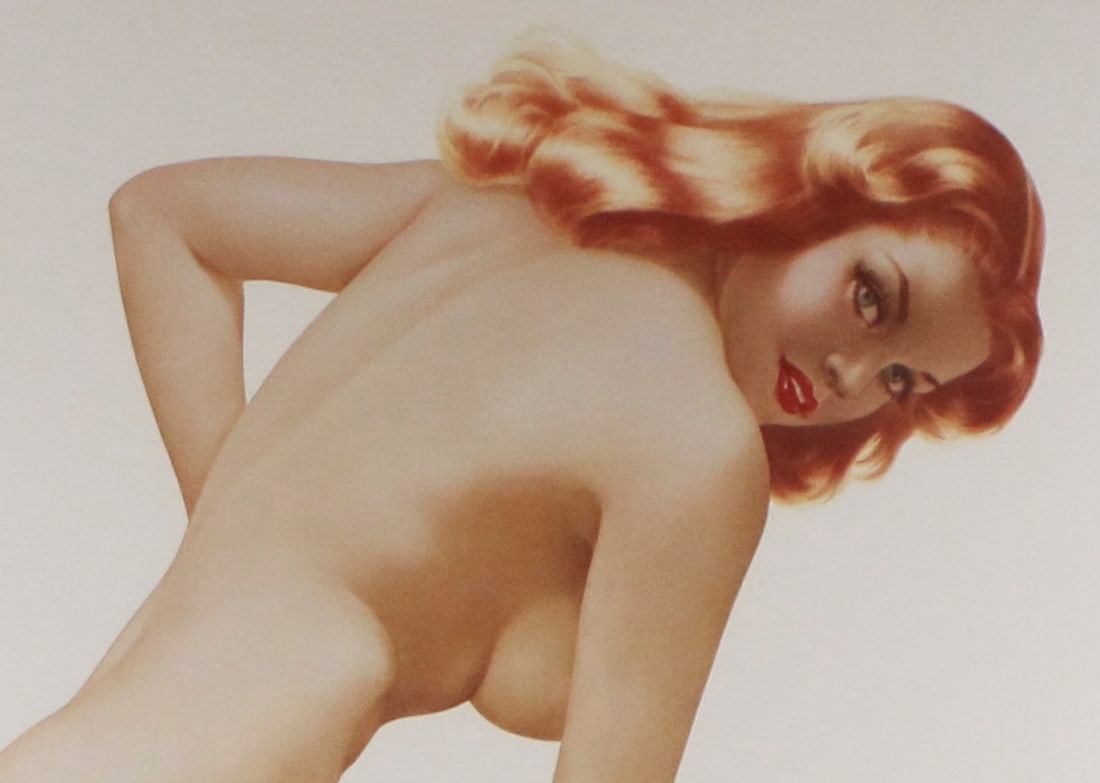 Alberto Vargas Estate Lithograph, Nude Pin-Up, Edition 16/25: This exquisite estate-authorized lithograph captures the timeless glamour of Alberto Vargas, one of the most iconic pin-up artists of the 20th century. Featuring a sultry red-haired nude in pink heels