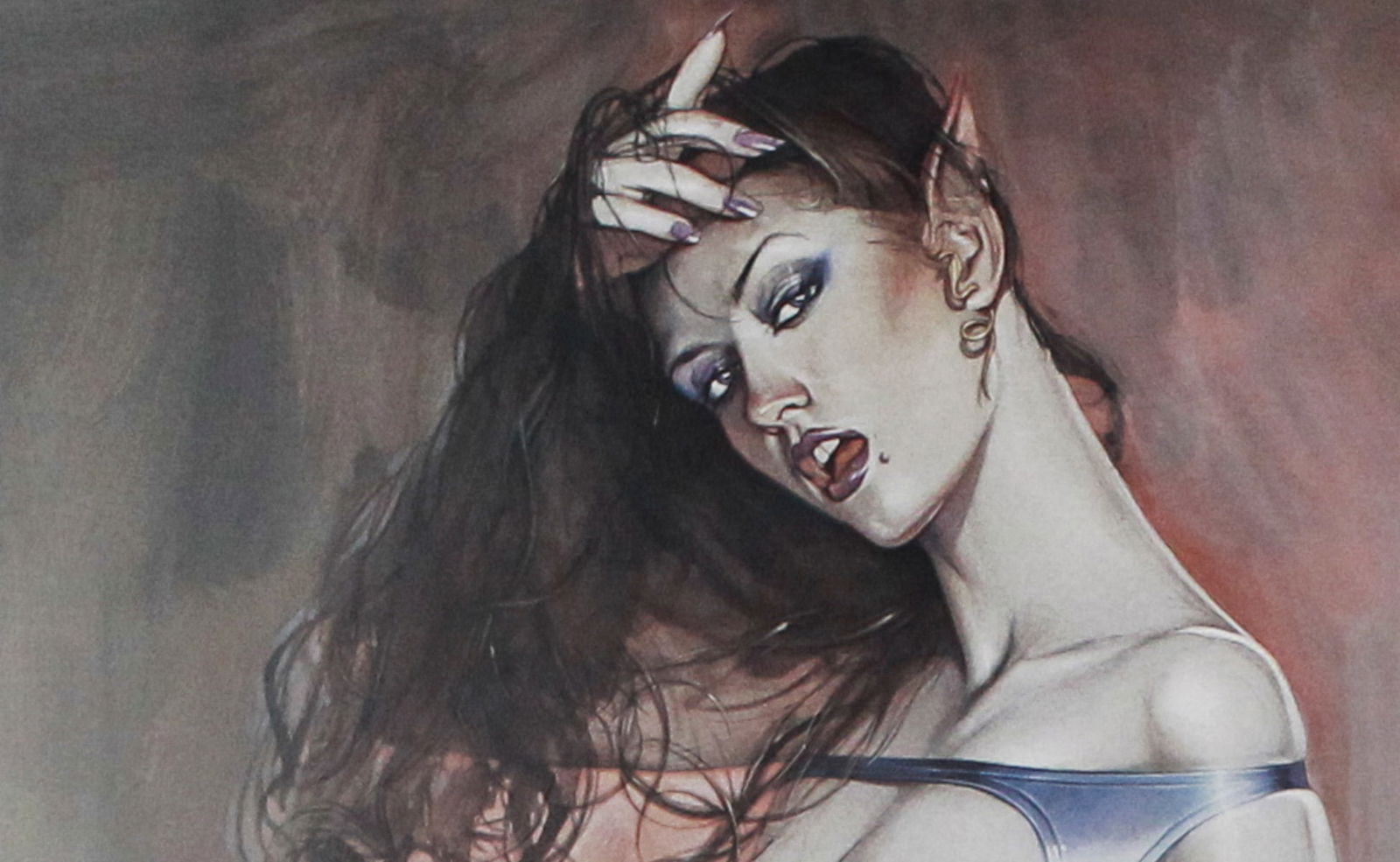 Hajime Sorayama Signed Lithograph – Edition 2/17: This striking signed lithograph by famed Japanese illustrator Hajime Sorayama features a sensual fantasy figure with devilish flair, clad in gleaming corset-style latex and thigh-high boots, with poin