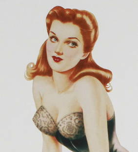 Alberto Vargas Limited Edition Lithograph – 160/200 (Pin-Up in Lingerie): This charming lithograph by legendary pin-up artist Alberto Vargas captures a playful, flirtatious pose from a red-haired beauty clad in vintage lingerie—complete with a corseted bodice, frilled min