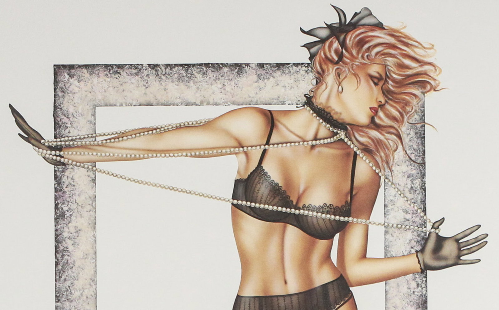 Olivia De Berardinis Signed Limited Edition Lithograph (201/480): Striking limited edition lithograph by Olivia De Berardinis, hand-signed by the artist and numbered 201/480, featuring one of her signature pin-up style depictions of a model posed within a marble-tex
