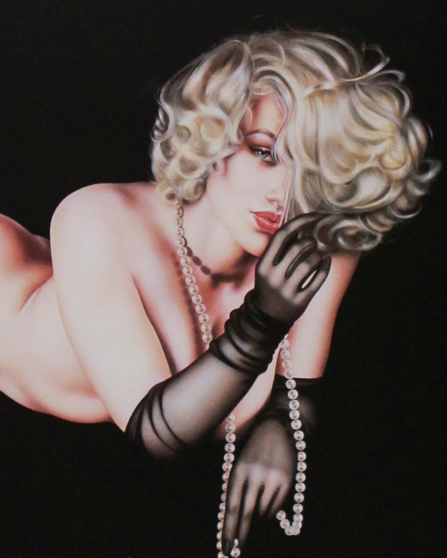 Olivia De Berardinis “Art Expo New York 1995” Lithograph with Model Signature: This 1995 Art Expo New York promotional lithograph by Olivia De Berardinis captures the artist’s celebrated blend of erotic elegance and vintage glamour. Originally created in 1991 and published by 