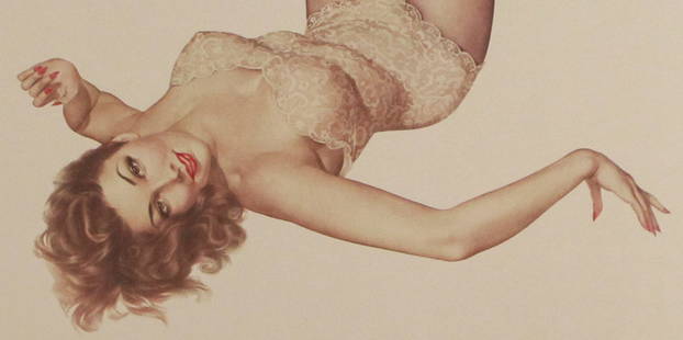 Alberto Vargas Lithograph – Lingerie Pin-Up (261/450): This limited edition lithograph by legendary pin-up artist Alberto Vargas features a captivating reclining figure in a vintage lace bodysuit and heels, presented in Vargas’ unmistakable airbrush sty
