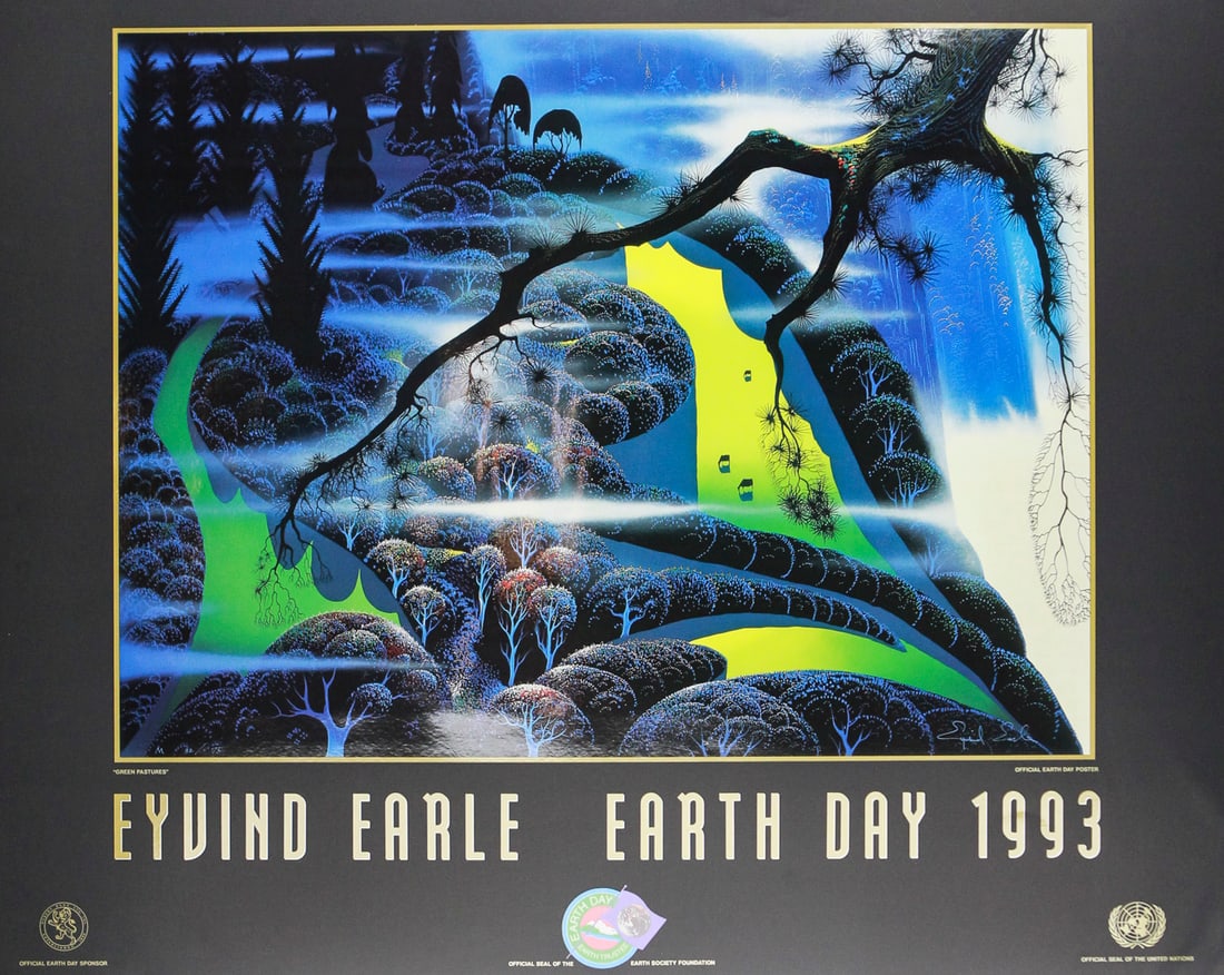 Eyvind Earle "Earth Day 1993" Official Lithograph Poster: This striking 1993 lithograph titled "Green Pastures" by celebrated artist Eyvind Earle was commissioned as the official Earth Day poster and bears the seals of the United Nations and Earth Society Fo