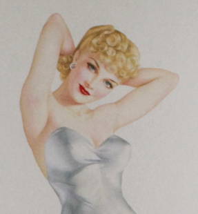 Alberto Vargas Limited Edition Lithograph – Double Pin-Up in Silver Gown (235/300): This elegant limited edition lithograph by legendary pin-up artist Alberto Vargas showcases a glamorous blonde figure from both front and back, depicted in a slinky, satin-like silver gown that subtly