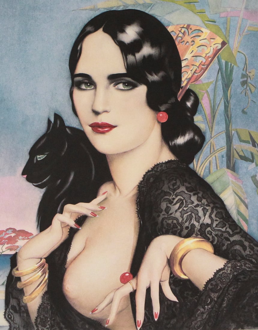 Alberto Vargas Spanish Lace Estate Lithograph, 1990, No. 21/30: This captivating limited edition lithograph titled Spanish Lace by celebrated pin-up artist Alberto Vargas features a striking brunette beauty adorned in dramatic black lace with ruby-red accents, a s